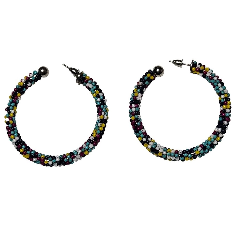 Boho Handmade Colorful Seed Beaded Hoop Earrings Retro 80s 90s Fashion Jewelry